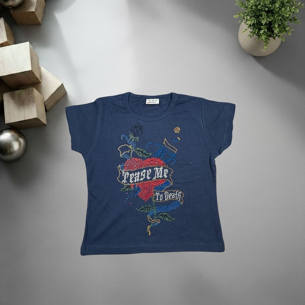 Vintage Second Skin Y2K Rhinestone Tease Me To Death Baby Tee Navy Blue Medium